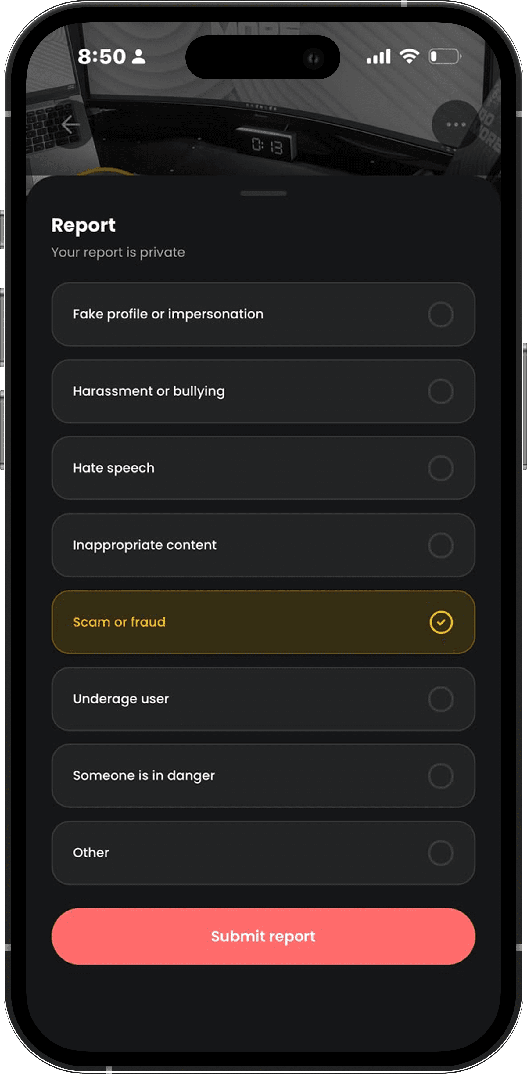 Report step 3: Choose a reason
